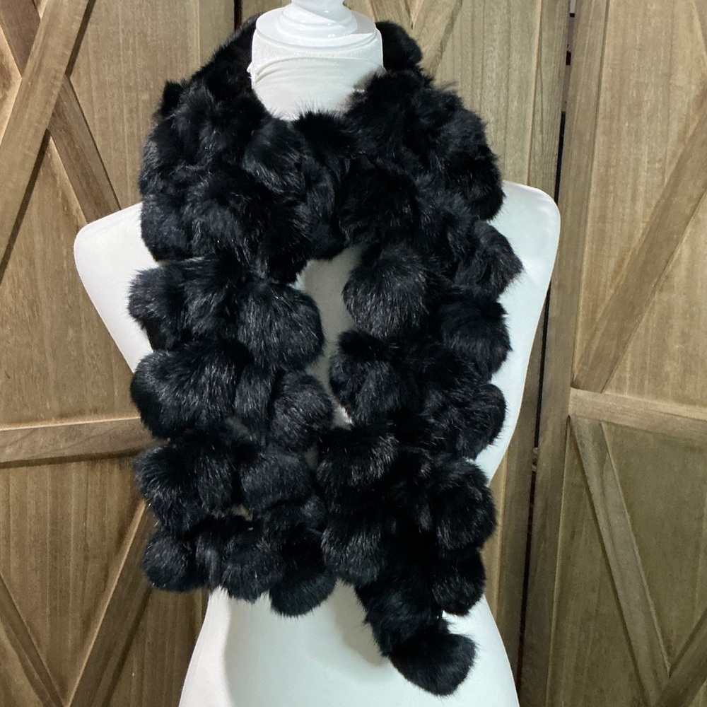 Vintage Genuine Black Rabbit Fur Pom-Pom Scarf